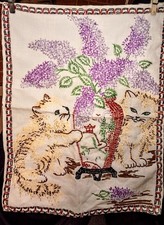 Vtg 1940s Hand Embroidered Cat Kitten Lilac Flower Textile Folk Art 18x14 Mint picture