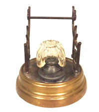 Antique Inkwell Patented 1866 w/ Porcelain Bowls & Brass Asian Motif Pen Holders picture
