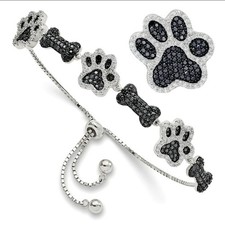 Sterling Silver Rhodium-plated CZ Paw Print & Bone Bracelet With Paw Pendant picture