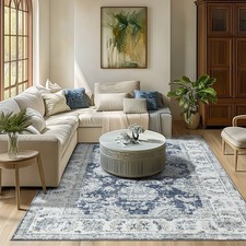 6x9 Vintage Oriental Area Rug Navy Blue Distressed Floral Non-Slip Living Room picture