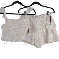 NWT Japna 2-Piece White & Pink Floral Set Smocked Crop Top & Tiered Shorts Sz M picture