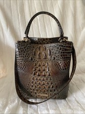 Brahmin Croc-Embossed Melbourne Amelia Bucket Bag in Chocolate w/ Turquoise picture