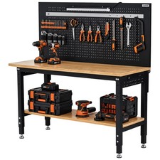 Garvee 60x22inch Work Table Adjustable Height Pegboard Shelf Wood Steel Black picture