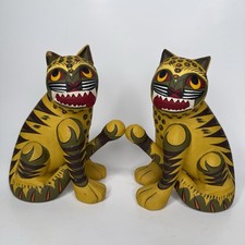 Vintage Korean Folk Art Carved Wood Guardian Tigers Pair Minhwa Painted Signed picture