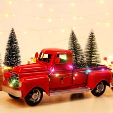 Vintage Red Truck Christmas Decor - Metal Pickup Car Model, Holiday Home Accent picture