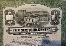 Antique 1913 New York Central Railroad Co. 4 1/2% $1000 Bond Certificate, Green picture