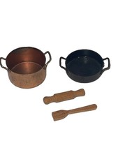VTG fun 4Pc Miniature Dollhouse metal 2 Pans Copper & Bronze Fork & Rolling Pin  picture
