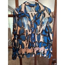 Clothing Co by Notations Blue Abstract Floral Sheer Lace Trim Bell Sleeve Top XL picture
