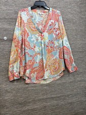 Rose + Olive Blouse Size L Blue Pink Multi V-Neck Paisley Boho Casual picture