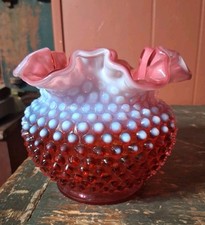 Vintage Fenton Opalescent Cranberry Pink Double Ruffled Hobnail Posy Vase Signed picture