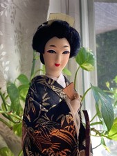 Vintage 1950s Geisha Doll with Shamisen | Silk Kimono Black and Gold Bamboo picture