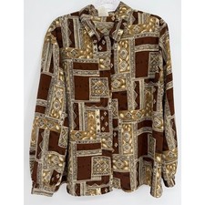 Nikki Vintage Brown Geometric Patchwork Button Up Blouse Womens Style Sz 18 picture