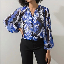 Chico's Women's Ikat V-Neck Blouse Blue/Black/White Woven Long Sleeve Sz 2 picture