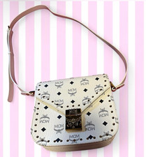 MCM Women's Small White Monogram Studded Crossbody Bag Gold Hardware picture