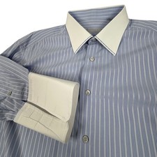 Stefano Ricci Mens Dress Shirt Blue White Striped Contrast Collar French Cuff 18 picture