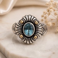 Vintage LAGOS Style 925 Sterling 18K Gold Blue Topaz Statement Ring Sz 7 10.8gr picture