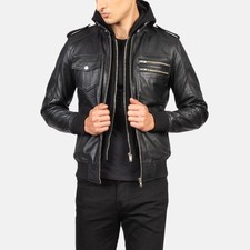 Bomber Leather Jakcet Mens's Black Genuine Cowhide Leather Jacket Classic Style picture