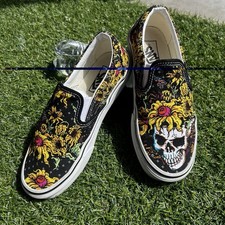 VANS Classic Slip-On Black Canvas Low Top Sneakers Skull Floral Print Size 5.5 picture