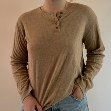 Classic Elements Vintage Y2K Tan Ribbed Henley Long Sleeve Shirt — M picture
