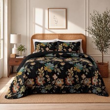NEW Anthro Black Floral Print Multicolor Boho Queen King Bedding Quilt Sham Set picture