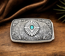 Southwest Belt Buckle Antique Silver Tone Turquoise Color Stone Floral Engraved picture