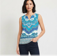Talbots Women's 10 Blue Turquoise Paisley Top Boho Coastal Resort Cotton Blend picture