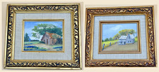 Pair Original Miniature Oil Paintings Signed Edith Ornate Gold Gilt Frames Linen picture