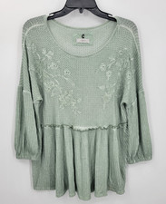 Cupio Top Womens Small Sage Green Embroidered Waffle Knit Peplum Boho Peasant picture
