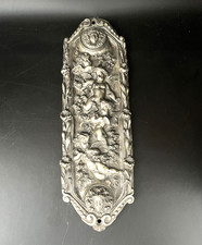 Antique Late Victorian 11.5” Door Push Plate Cast Nickel Silver Cherubs Heavy picture