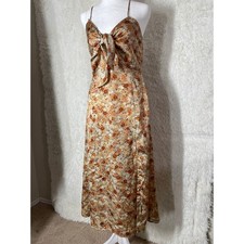 Lush Floral Summer Spring Midi Dress Orange Tan Satin Feel Size M Cottage Boho picture