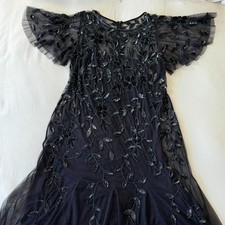 Adrianna Papell Black Floral Beaded Sequin Cocktail Dress 16W Flutter Sleeve picture