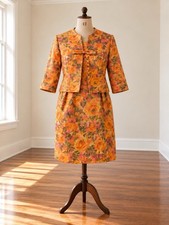 Vintage 50/60s Orange & Pink Wiggle Dress With 3/4 Sleeve Jacket Sz 10 picture