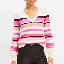 NWT Loft Stripe Relaxed V-Neck Sweater in Beachside Khaki Heather Size S picture