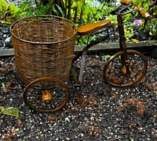 Unique Vintage Planter Metal Tricycle with Wicker Basket picture