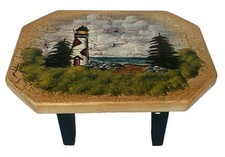 VTG Hand Painted Folk Art Wooden Foot Stool Nautical Lighthouse Coastal Cottage picture