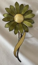 Vintage Aksel Holmsen Norway Sterling Silver OliveGreen Enamel Flower Brooch Pin picture