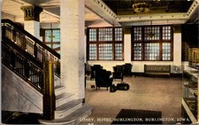 Hotel Burlington Lobby Postcard Burlington Iowa 1911 Knox Linen Era Vintage picture