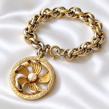 Vintage Signed KRAMER Bracelet Gold Silver Tone Flower Faux Pearl Rhinestone MCM picture