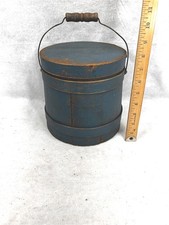 antique firkin wooden bucket w/handle small 8 tall old blue paint original 1850s picture