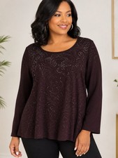 Chico’s XL Brown Embellished Blouse Long Sleeve Rhinestone Swirl Elegant Top picture