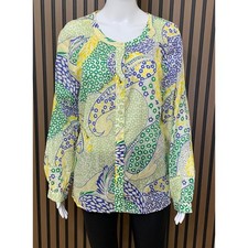 Talbots Women's M Cotton Paisley Floral Button Down Blouse Green Yellow Blue picture
