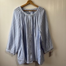 New J Jill 3X Blue/White Striped Gauze Blouse Relaxed Peasant Top Women’s picture