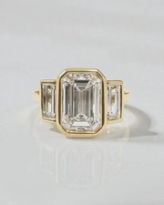 Certified 4.60 Ct Emerald VS1 Lab Grown Diamond Three Stone Ring 14K Yellow Gold picture
