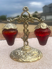 Vtg 1940 Japan Hanging Strawberry Salt Pepper Shakers Zinc Stand CADMIUM UV glow picture