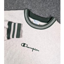 Vtg Champion Reverse Weave Sweatshirt Mens L Gray Green Striped Ribbed Trim Logo picture