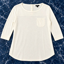 Talbots Women’s White Solid Round Neck 3/4 Sleeve Button Back Pocket Top XS picture