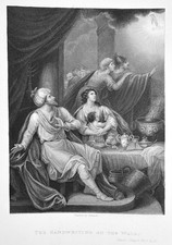 BELSHAZZAR'S FEAST HAND OF GOD WRITES ON WALL ~ 1847 Bible Art Print Engraving picture