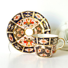 Vintage Royal Crown Derby Tea Cup Saucer Imari 2451 Gilded Floral Navy Coral picture