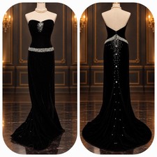 Vintage  Black Velvet Strapless Rhinestone Beaded Formal Evening Prom Gown picture