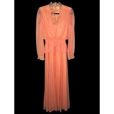 Vintage 70s Peachy Orange Lace Victorian Inspired Maxi Dress Sheer Long Sleeve picture